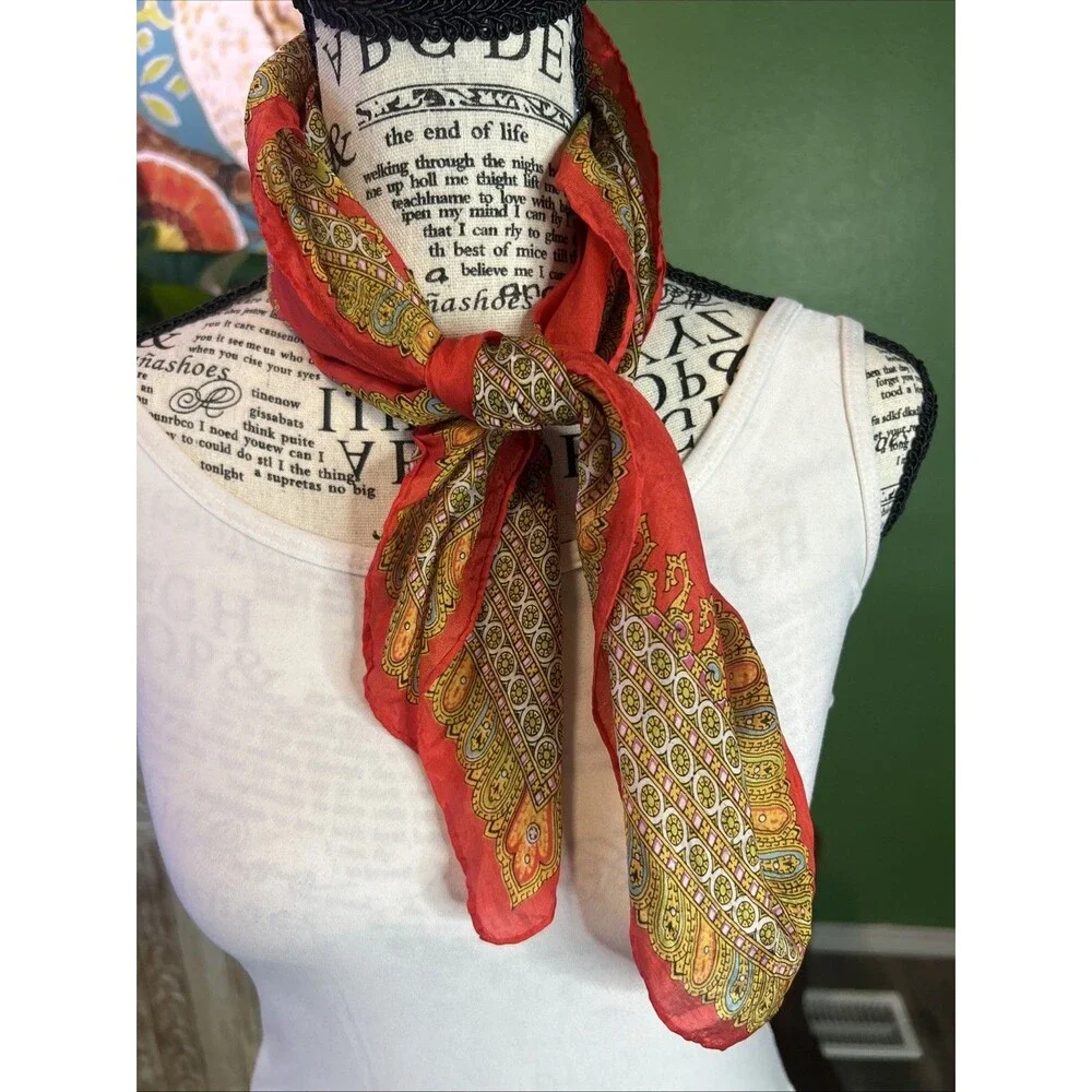 Vintage Scarf Most Likely Silk 23x23 Square Orange Gold Purple